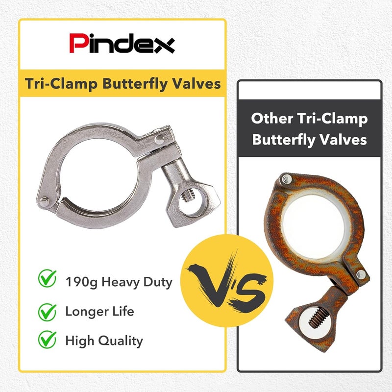 Pindex 2 Pack 2 Inch Heavy Duty Butterfly Valves with Pull Handle and 4 Pcs 2" 190g Heavy Duty Tri Clamp with Silicone Gasket 304 Stainless Steel Sanitary TC Fittings - Image 2